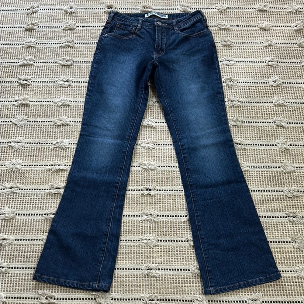 Express Blue Flare Wide Leg Jeans with Subtle Fading